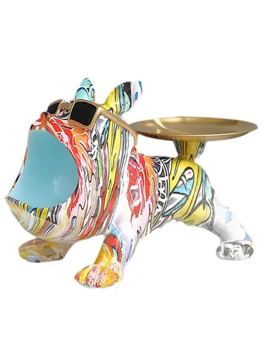 550S Resin Colorful Bulldog Sculpture Key Tray Entryway Table Organizer Home Decoration - Blue