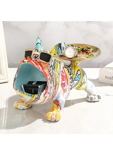 550S Resin Colorful Bulldog Sculpture Key Tray Entryway Table Organizer Home Decoration - Blue