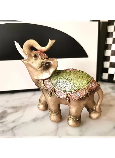 Fortune Lucky Elephant Statue Resin Craft Home Porch Office Desktop Feng Shui Ornament, S - Green