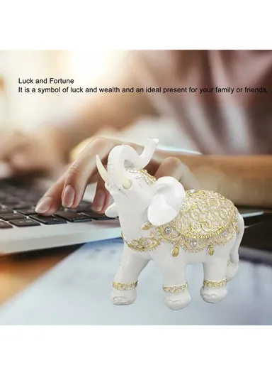 Fortune Lucky Elephant Statue Resin Craft Home Porch Office Desktop Feng Shui Ornament, S - White