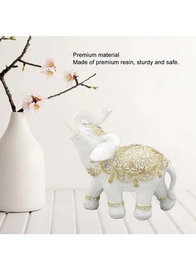 Fortune Lucky Elephant Statue Resin Craft Home Porch Office Desktop Feng Shui Ornament, S - White