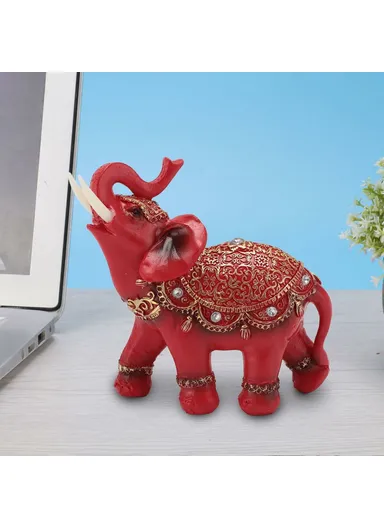Fortune Lucky Elephant Statue Resin Craft Home Porch Office Desktop Feng Shui Ornament, M - Red
