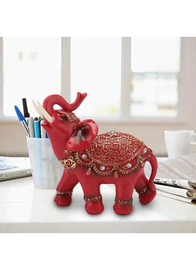 Fortune Lucky Elephant Statue Resin Craft Home Porch Office Desktop Feng Shui Ornament, M - Red