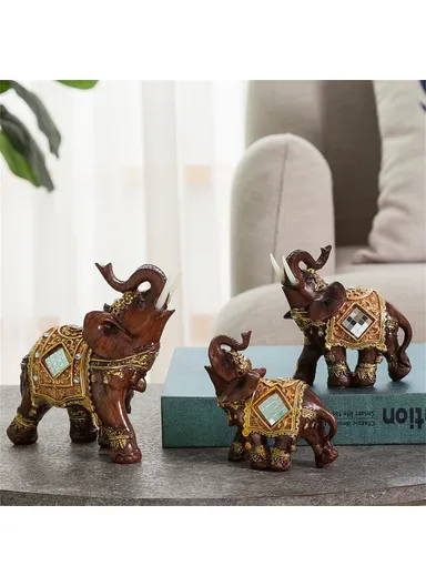 Feng Shui Fortune Lucky Elephant Statue Resin Crafts Home Porch Office Desktop Ornament, Size L - Brown