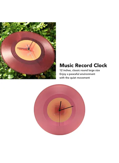 30cm Music Record Wall Art Clock Translucent Silent Round Clocks Home Decor - Red