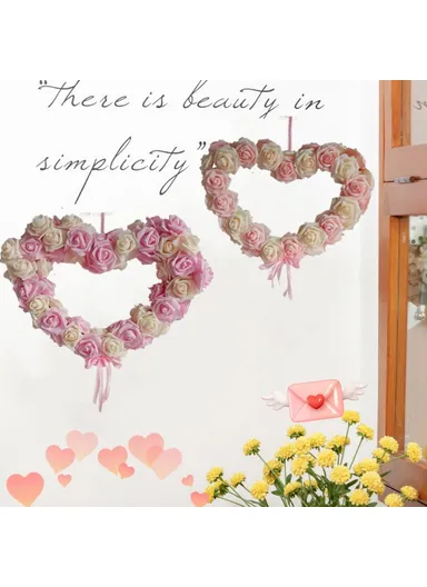 Rose Flower Garland Heart Shape DIY Artificial Rose Wall Hanging Decor for Wedding Festival - Pink