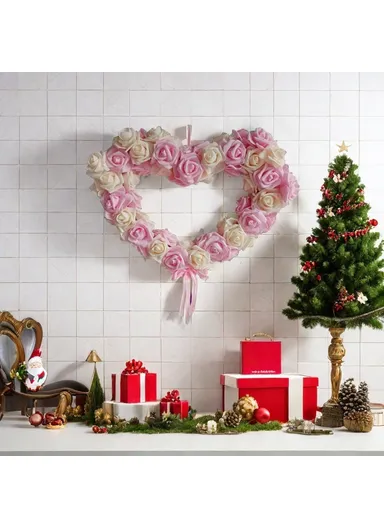 Rose Flower Garland Heart Shape DIY Artificial Rose Wall Hanging Decor for Wedding Festival - Pink