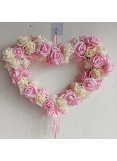 Rose Flower Garland Heart Shape DIY Artificial Rose Wall Hanging Decor for Wedding Festival - Deep Pink