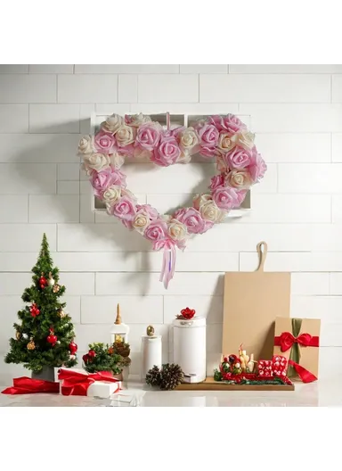 Rose Flower Garland Heart Shape DIY Artificial Rose Wall Hanging Decor for Wedding Festival - Deep Pink