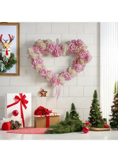 Rose Flower Garland Heart Shape DIY Artificial Rose Wall Hanging Decor for Wedding Festival - Deep Pink