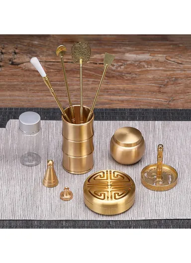 Copper Incense Burner Holder Set Tower Bowl Home Decoration with Spoon and Shovel (L27 x W18 x H5)cm