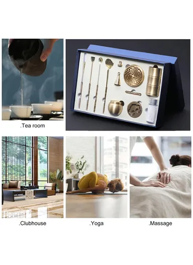 Copper Incense Burner Holder Set Tower Bowl Home Decoration with Spoon and Shovel (L27 x W18 x H5)cm