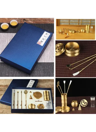 Copper Incense Burner Holder Set Tower Bowl Home Decoration with Spoon and Shovel (L27 x W18 x H5)cm