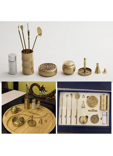 Copper Incense Burner Holder Set Tower Bowl Home Decoration with Spoon and Shovel (L27 x W18 x H5)cm