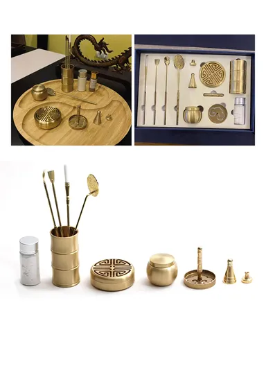 Copper Incense Burner Holder Set Tower Bowl Home Decoration with Spoon and Shovel (L27 x W18 x H5)cm