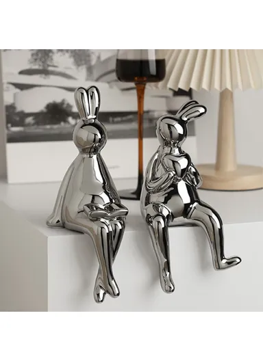 1-Pair Ceramic Rabbit Decors TV Stand Decor Shelf Decorations Statue Set BHM