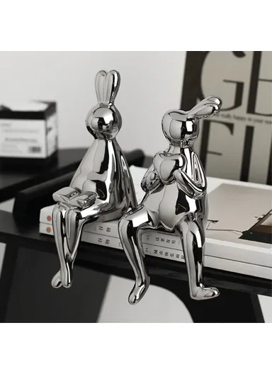 1-Pair Ceramic Rabbit Decors TV Stand Decor Shelf Decorations Statue Set BHM
