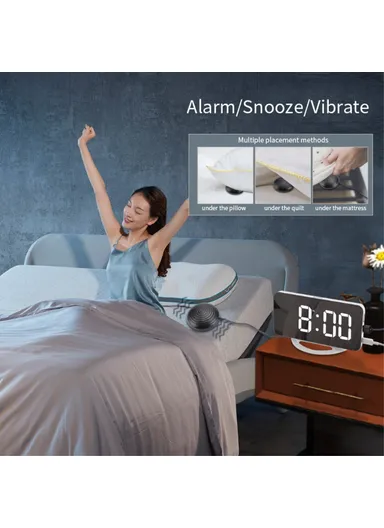 Digital Clock Large Display LED Electric Alarm Clock Vibration Design Mirror Surface Diming Mode 3 Levels Brightness USB Rechargeable Modern Decoration TS-8202