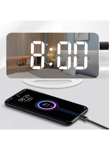 Digital Clock Large Display LED Electric Alarm Clock Vibration Design Mirror Surface Diming Mode 3 Levels Brightness USB Rechargeable Modern Decoration TS-8202