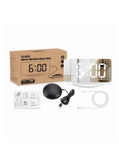 Digital Clock Large Display LED Electric Alarm Clock Vibration Design Mirror Surface Diming Mode 3 Levels Brightness USB Rechargeable Modern Decoration TS-8202