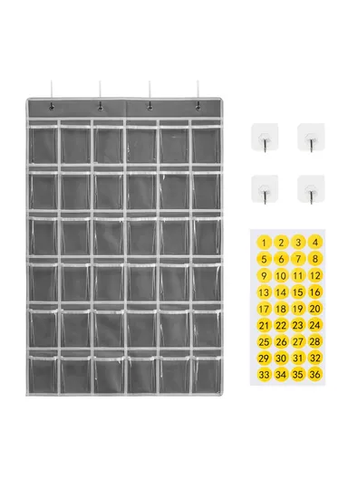 36-Pockets Clear Hanging Pouch Mobile Phone Storage Bag Classroom Calendar Pocket Chart Calculator Holder - Grey