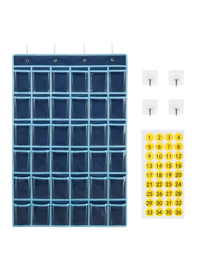 36-Pockets Clear Hanging Pouch Mobile Phone Storage Bag Classroom Calendar Pocket Chart Calculator Holder - Blue