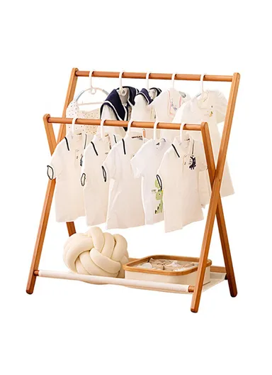 Foldable Double Rod Bedroom Clothing Hanger Rack, Bamboo Storage Shelf 2550ZDYMJ (L80 x W44 x H93)cm - Low Style