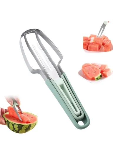 3-in-1 Stainless Steel Watermelon Cutter Slicer Fork Tool Set Kitchen Gadget - Green
