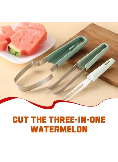 3-in-1 Stainless Steel Watermelon Cutter Slicer Fork Tool Set Kitchen Gadget - Green