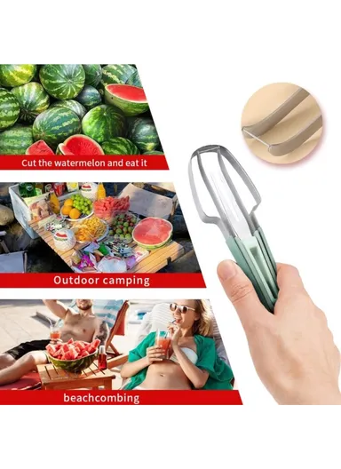3-in-1 Stainless Steel Watermelon Cutter Slicer Fork Tool Set Kitchen Gadget - Green