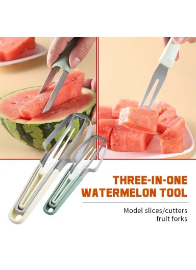 3-in-1 Stainless Steel Watermelon Cutter Slicer Fork Tool Set Kitchen Gadget - Green