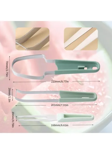 3-in-1 Stainless Steel Watermelon Cutter Slicer Fork Tool Set Kitchen Gadget - Green