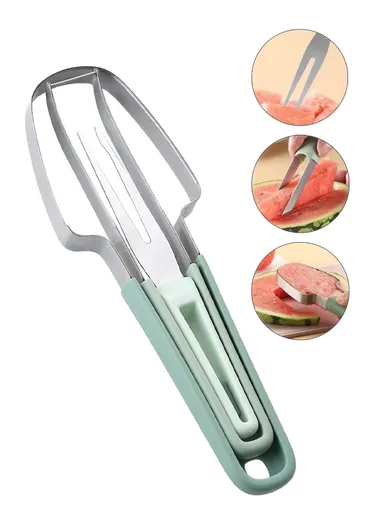 3-in-1 Stainless Steel Watermelon Cutter Slicer Fork Tool Set Kitchen Gadget - Green