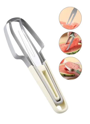 3-in-1 Stainless Steel Watermelon Cutter Slicer Fork Tool Set Kitchen Gadget - Beige