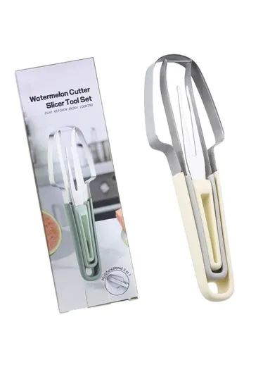 3-in-1 Stainless Steel Watermelon Cutter Slicer Fork Tool Set Kitchen Gadget - Beige