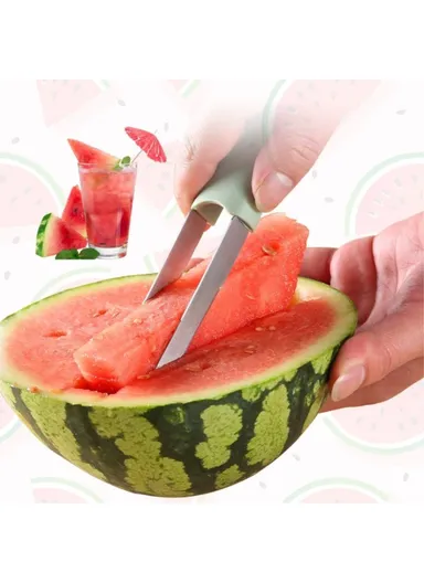 3-in-1 Stainless Steel Watermelon Cutter Slicer Fork Tool Set Kitchen Gadget - Beige