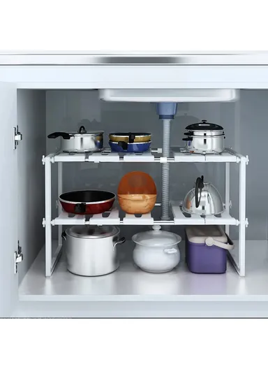 Adjustable Kitchen Storage Rack, Cabinet Shelf Non-Skid Spice Rack Kitchen Utensils Organizer (L30-70 x W26.5 x H39)cm - White