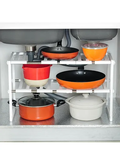 Adjustable Kitchen Storage Rack, Cabinet Shelf Non-Skid Spice Rack Kitchen Utensils Organizer (L30-70 x W26.5 x H39)cm - White