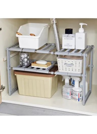 Adjustable Kitchen Storage Rack, Cabinet Shelf Non-Skid Spice Rack Kitchen Utensils Organizer (L30-70 x W26.5 x H39)cm - White