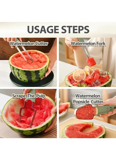 3-in-1 Watermelon Fork Slicer Cutter Stainless Steel Fruit Scooper Tool - Beige