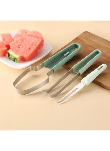 3-in-1 Watermelon Fork Slicer Cutter Stainless Steel Fruit Scooper Tool - Beige