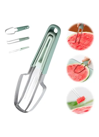 3-in-1 Watermelon Fork Slicer Cutter Stainless Steel Fruit Scooper Tool - Beige