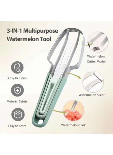 3-in-1 Watermelon Fork Slicer Cutter Stainless Steel Fruit Scooper Tool - Beige