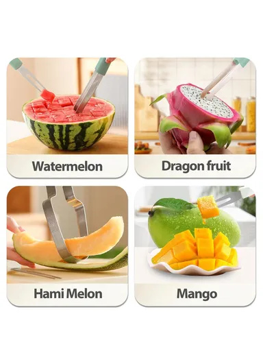 3-in-1 Watermelon Fork Slicer Cutter Stainless Steel Fruit Scooper Tool - Beige