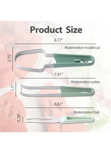 3-in-1 Watermelon Fork Slicer Cutter Stainless Steel Fruit Scooper Tool - Green