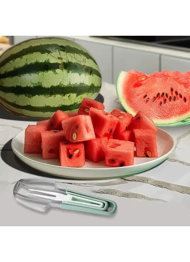 3-in-1 Watermelon Fork Slicer Cutter Stainless Steel Fruit Scooper Tool - Green