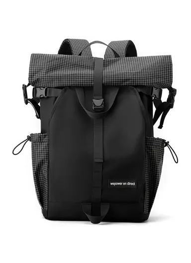 Roll Top Unisex Backpack, Waterproof Nylon Travel Shoulder Bag, Honeycomb Breathable Shoulder Back &amp; Shoulder Strap Backpack 6631 36-55L (L29 x D15 x H44)cm - Black