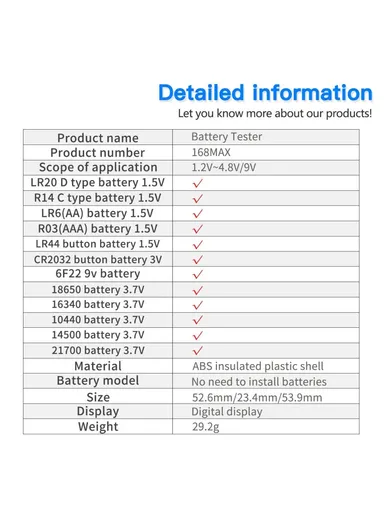 Battery Tester 168MAX Digital Display Tester Battery Voltage Checker Battery Capacity Testing Tool Universal Tester for Checking AAA AA Button Battery