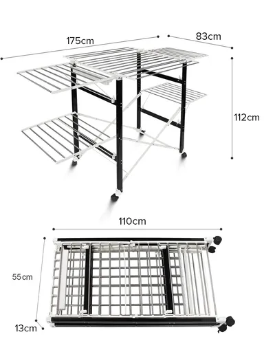 4-Tiers 4-Wings Foldable Multifunctional Clothes Hanger Adjustable Large Stainless Steel Drying Rack Space-Saving, Rust-Resistant &amp; Easy to Use (L175 x W83 x H112)cm