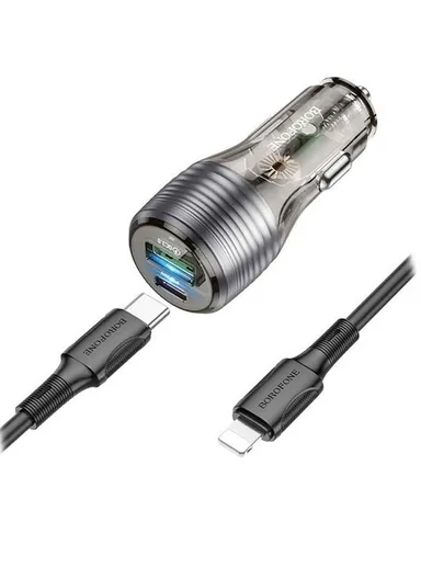 Borofone Car Charger BZ30 Absolute - USB + Type C - QC 3.0 PD 30W 3A With Type C to Lightning Cable Transparent - Black